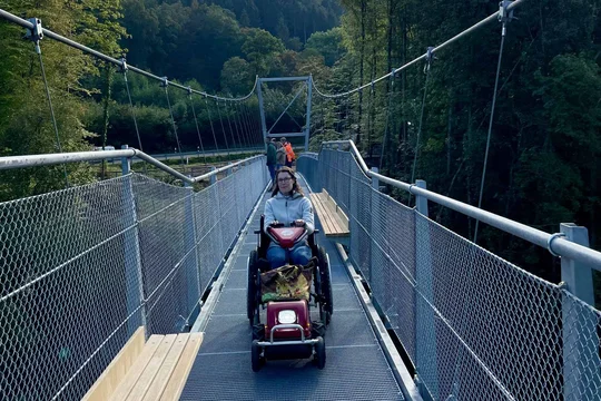 Die Hängebrücke Irreler Wasserfälle ist gut mit dem Rollstuhl oder Rollstuhlzuggeräten zu befahren. Die Hängebrücke Irreler Wasserfälle ist gut mit dem Rollstuhl oder Rollstuhlzuggeräten zu befahren.