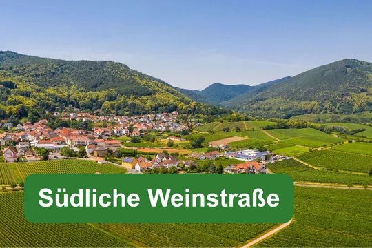 Weinlandschaft mit Winzerdorf und Pfälzerwald, ergänzt durch das Textfeld „Südliche Weinstraße“