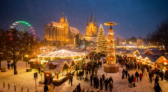 Marktbummel vor historischer Kulisse: Der Erfurter Weihnachtsmarkt vor Dom St. Marien und Severikirche, Foto: Matthias Frank Schmidt