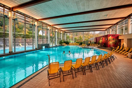 In der Vulkaneifel Therme in Bad Bertrich steht für Gäste mit Mobilitätseinschränkungen ein Lift zum Einstieg ins Wasser bereit.